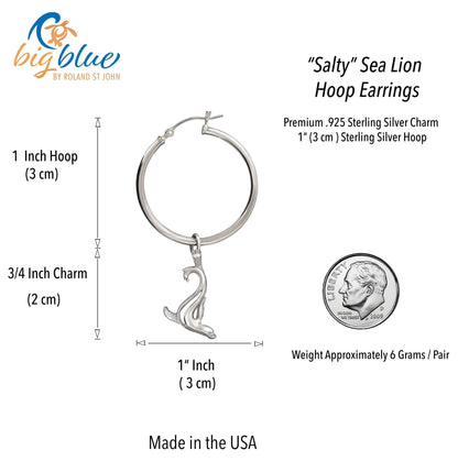 Big Blue by Roland St John sterling silver hoop earrings featuring a detailed sea lion charm. Approx. 1.75" total length.