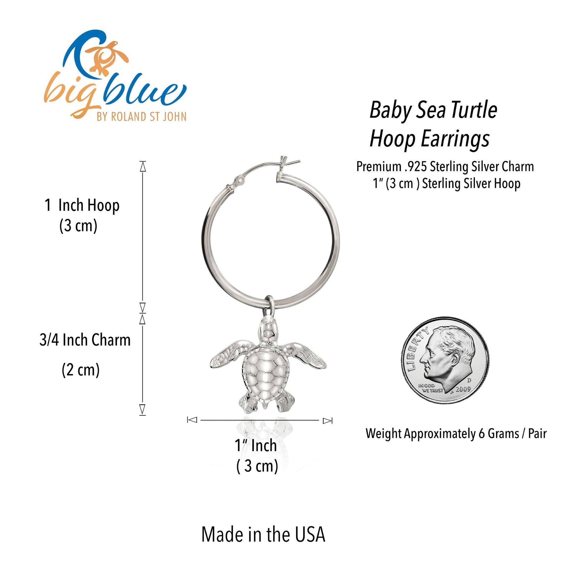 Big Blue by Roland St John sterling silver baby sea turtle hoop earrings with detailed charm. Approx. 1.75 inches long.