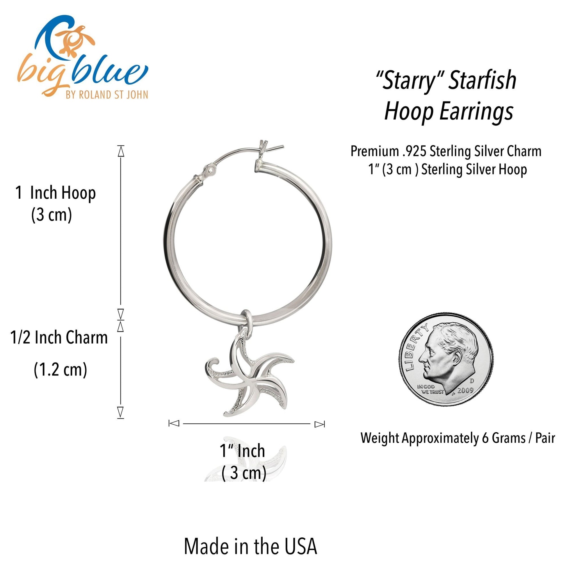 Big Blue by Roland St John sterling silver starfish hoop earrings with realistic detail, 1 inch hoop and 1/2 inch charm.