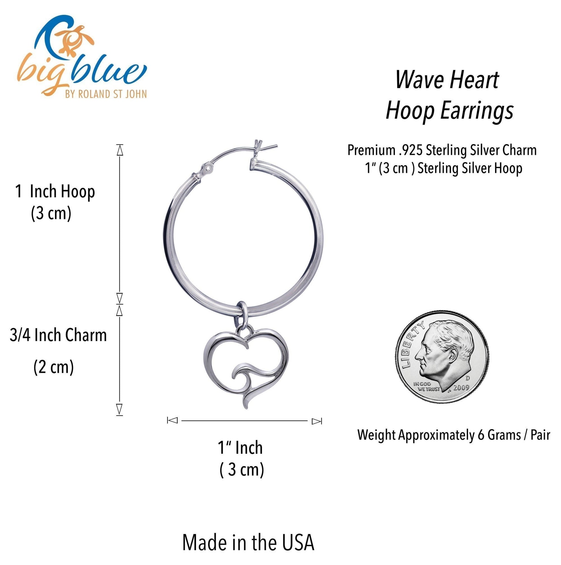 Big Blue by Roland St John sterling silver hoop earrings with a heart-shaped charm featuring an ocean wave design.