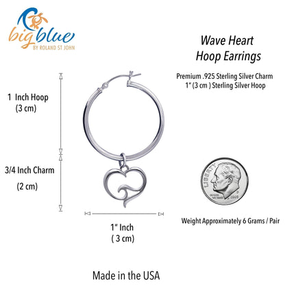 Big Blue by Roland St John sterling silver hoop earrings with a heart-shaped charm featuring an ocean wave design.