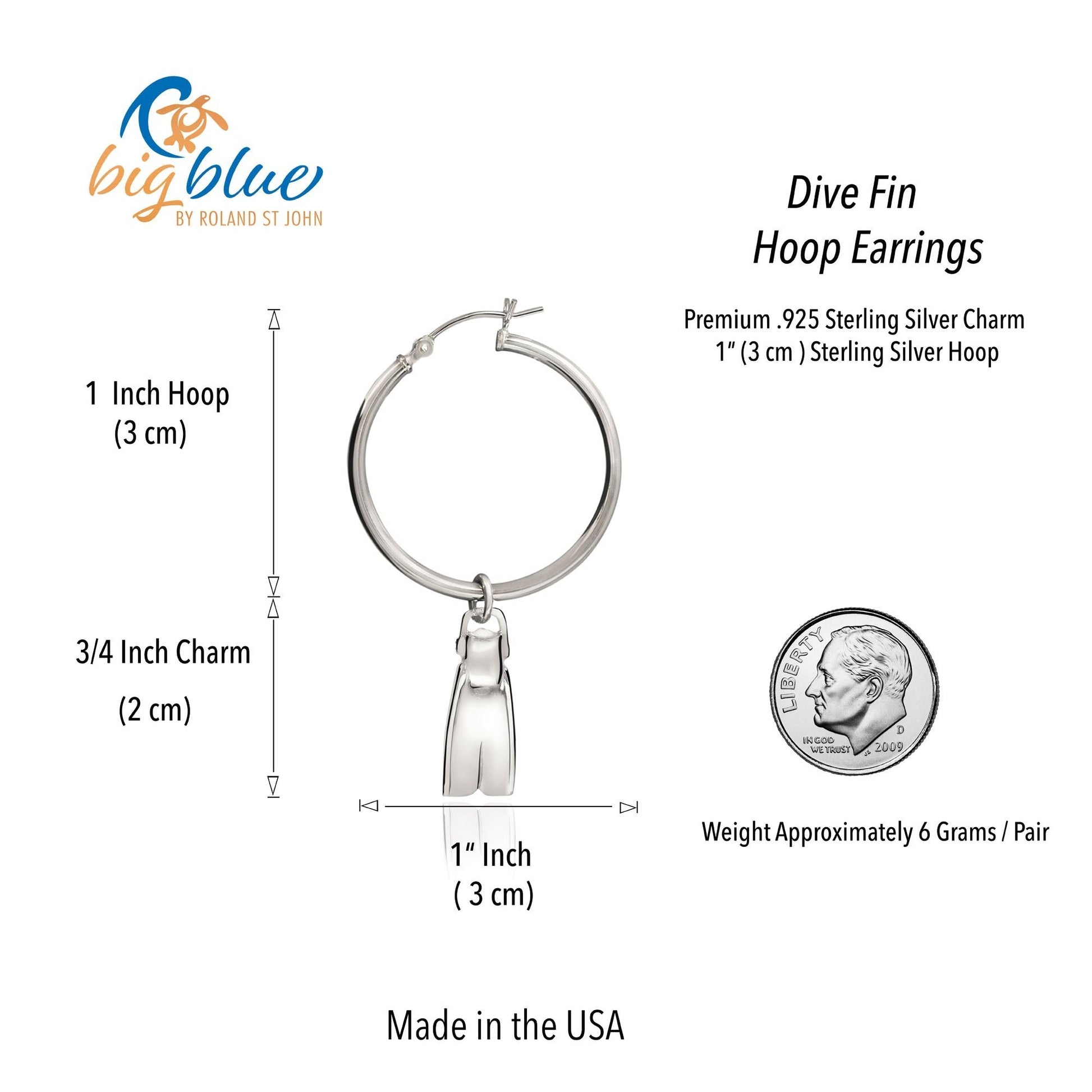 Big Blue by Roland St John sterling silver dive fin hoop earrings, 1 inch hoop with 3/4 inch charm. Realistic 3D design, perfect for ocean lovers.