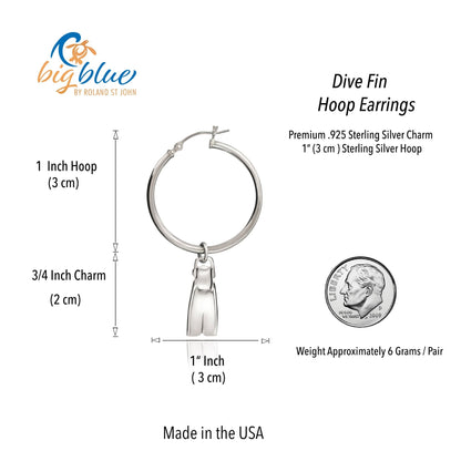 Big Blue by Roland St John sterling silver dive fin hoop earrings, 1 inch hoop with 3/4 inch charm. Realistic 3D design, perfect for ocean lovers.
