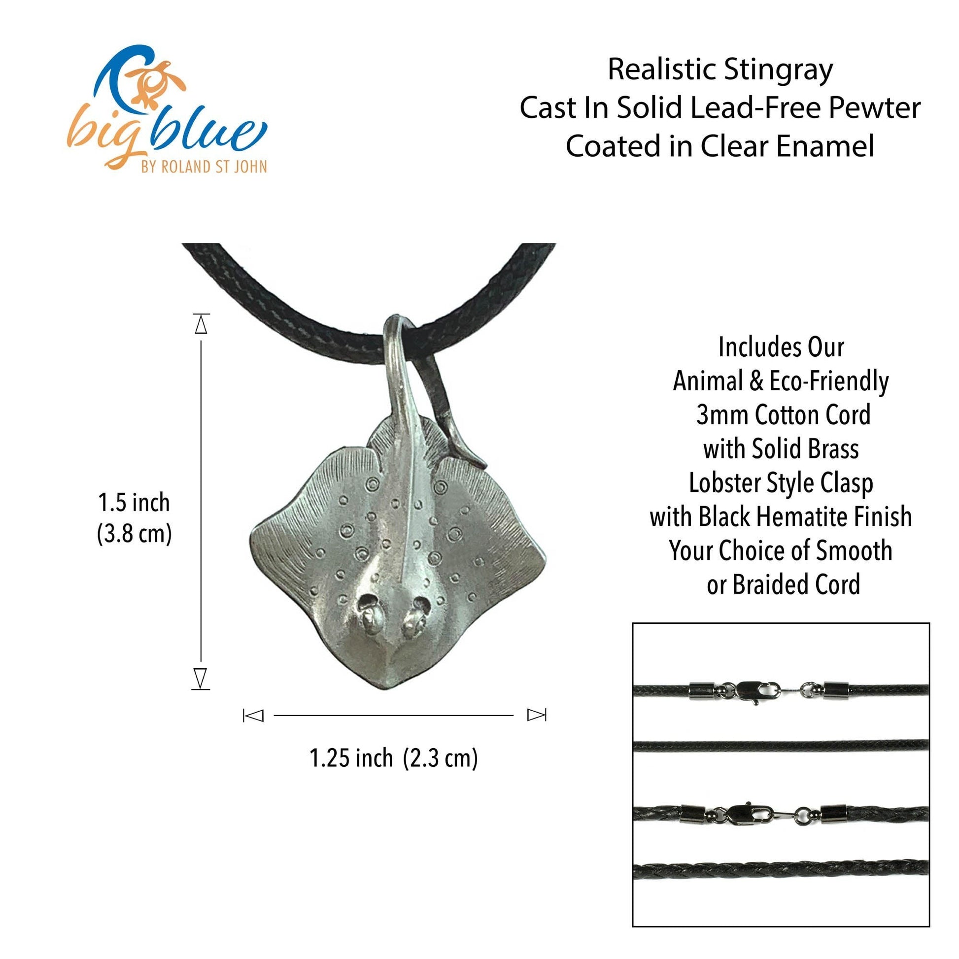 Big Blue by Roland St John realistic pewter stingray pendant necklace on black cord. Features detailed gills and textured body.