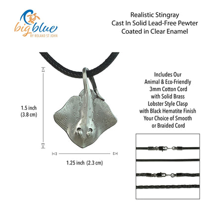 Big Blue by Roland St John realistic pewter stingray pendant necklace on black cord. Features detailed gills and textured body.
