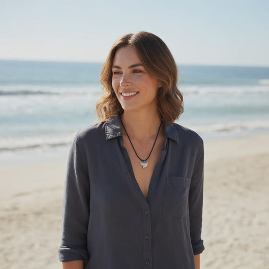 Shark Tooth Necklace – “Emma” Tiger Shark - Pewter on Cord