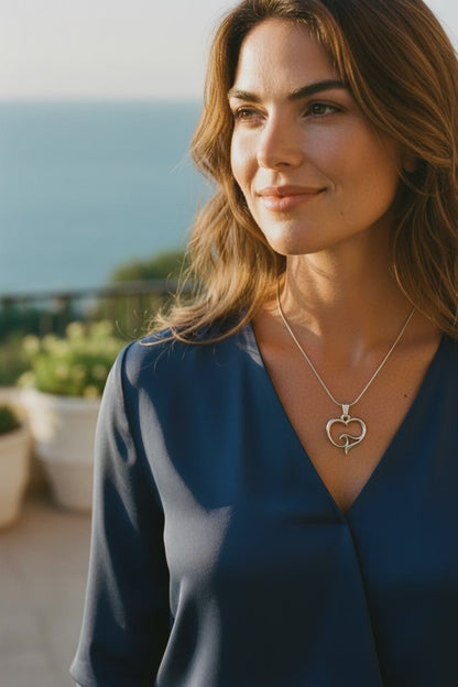 Pendant and Necklace – Ocean Wave Heart Collection - Sterling Silver on Snake Chain