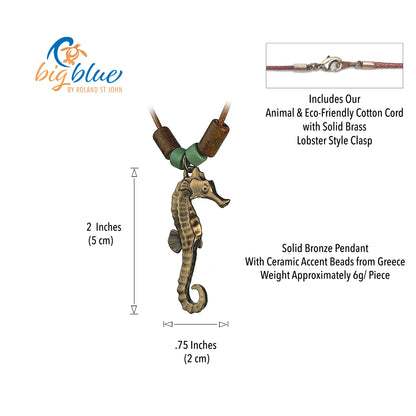 Ocean Theme Shoreline Solid Bronze Realistic  Sea Life Seahorse Pendant Necklace - Big Blue