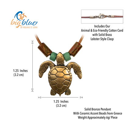 Ocean Theme Shoreline Solid Bronze Realistic Sea Life Green Sea Turtle Pendant Necklace - Big Blue