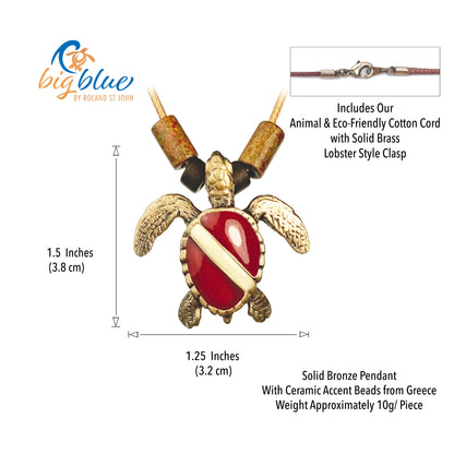 Ocean Theme Shoreline Solid Bronze Hawksbill Sea Turtle Sea Life with Dive Flag Pendant Necklace - Big Blue