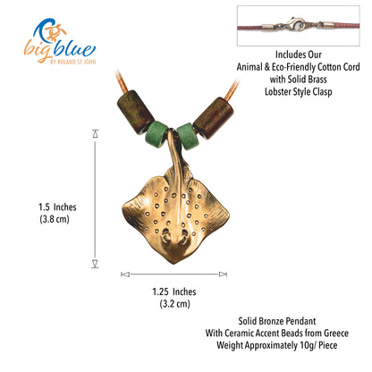Ocean Theme Shoreline Solid Bronze Realistic Sea Life Stingray Pendant Necklace - Big Blue