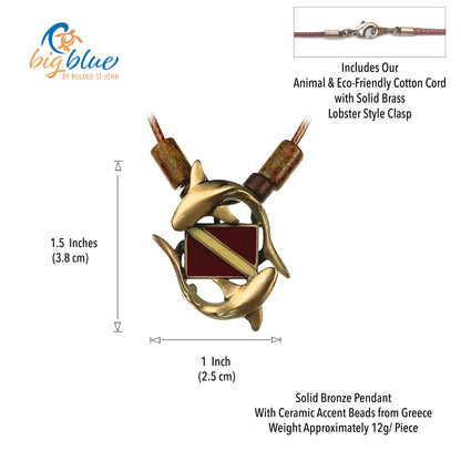 Ocean Theme Shoreline Solid Bronze Sea Life Shark Diver with Dive Flag Pendant Necklace - Big Blue