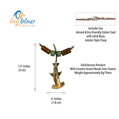 Ocean Theme Shoreline Solid Bronze Realistic Sea Life Hammerhead Shark Pendant Necklace - Big Blue
