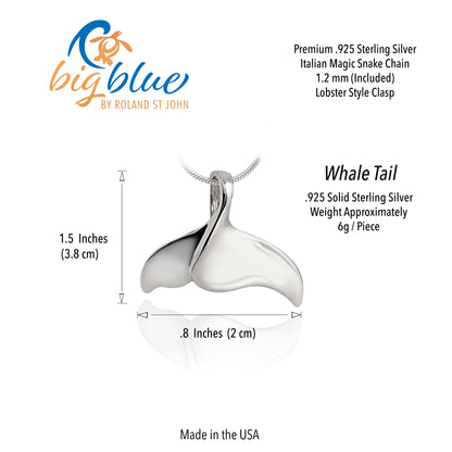 Whale Tail Sea Life Solid Sterling Silver Pendant Ocean Theme - Big Blue