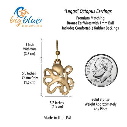 Octopus Bronze Drop Earrings, Bronze Octopus Dangle Earrings, Gifts for Octopus Lovers, Sea Life Drop Earrings - Big Blue
