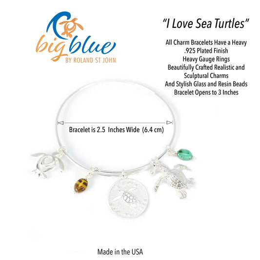 Turtle Bracelet for Women, Sea Turtle Bangle Bracelet, Turtle Charm Bracelet, Adjustable Bracelet for Women, Expandable Bangle Bracelet with Turtle Charms - Big Blue