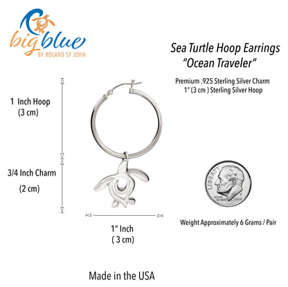 Sea Turtle Hoop Earrings Sterling Silver- Turtle Gifts for Women, Honu Turtle Drop Earrings, Gifts for Turtle Lovers, Sea Life Jewelry - Big Blue