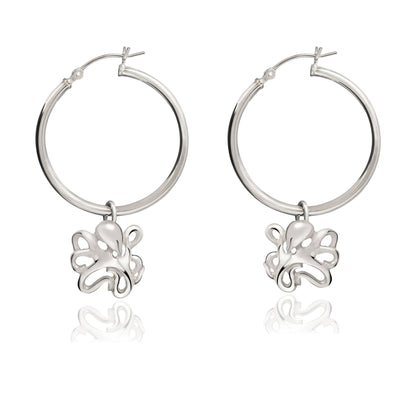 Octopus Hoop Earrings Sterling Silver- Octopus Drop Earrings, Dangle Octopus Earrings, Gifts for Octopus Lovers, Octopus Gifts, Sea Life Earrings - Big Blue