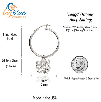 Octopus Hoop Earrings Sterling Silver- Octopus Drop Earrings, Dangle Octopus Earrings, Gifts for Octopus Lovers, Octopus Gifts, Sea Life Earrings - Big Blue