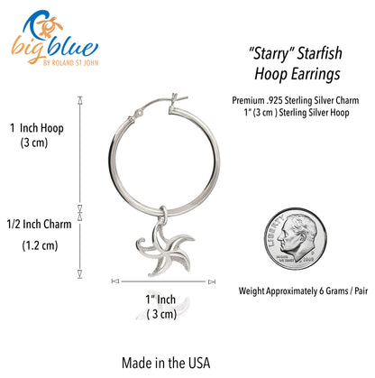 Starfish Hoop Earrings Sterling Silver- Small Sea Star Earrings, Small Starfish Dangle Hoop Earring Charms, Sea Star Jewelry Sterling Silver