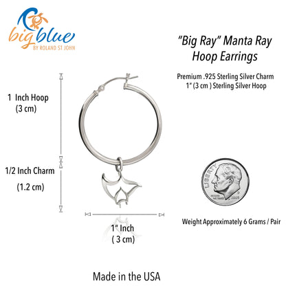 Stingray Hoop Earrings Sterling Silver- Manta Ray Dangle Hoop Earrings, Stingray Charm Earrings, Manta Ray Dangle Hoop Earrings Sterling Silver