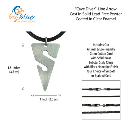 Cave Diving Pewter Pendant Necklace- Line Arrow Charm | Cave Diver Line Marker For Men and Women | Gifts For Divers - Big Blue