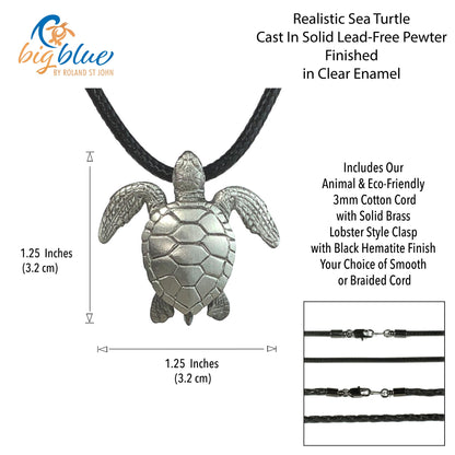 Sea Turtle Necklace Pewter Pendant- Sea Turtle Gift for Women and Men, Honu Turtle Necklaces, Ocean Theme Gifts for Turtle Lovers, Sea Life Jewelry, Realistic Sea Turtle Charms - Big Blue
