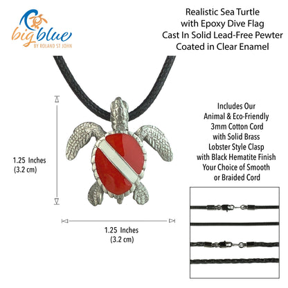 Sea Turtle Necklace Pewter Pendant with Dive Flag-  Dive Flag Sea Turtle Gifts for Women and Men, Dive Turtle Necklaces, Diving Gifts for Divers and Turtle Lovers, Jewelry for Divers, Realistic Sea Turtle Charm - Big Blue