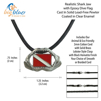Shark Jaw Necklace Pewter Pendant- Shark Tooth Gifts for Women ands Men | Shark Tooth Necklace | Ocean Theme Gifts for Shark Lovers | Scuba Diving Jewelry | Shark Tooth Charm With Dive Flag - Big Blue