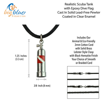 Scuba Tank Necklace Pewter Pendant- Dive Gift for Women and Men | Realistic Scuba Tank Necklace With Diver Flag | Gifts for Divers | Scuba Jewelry | Realistic Diving Tank Charm - Big Blue