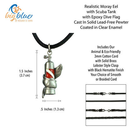 Moray Eel with Scuba Tank Necklace Pewter Pendant- Dive Gift for Women and Men | Realistic Moray Eel Scuba Tank Necklace With Diver Flag | Gifts for Divers | Scuba Jewelry | Realistic Moray Eel With  Diving Tank Charm - Big Blue