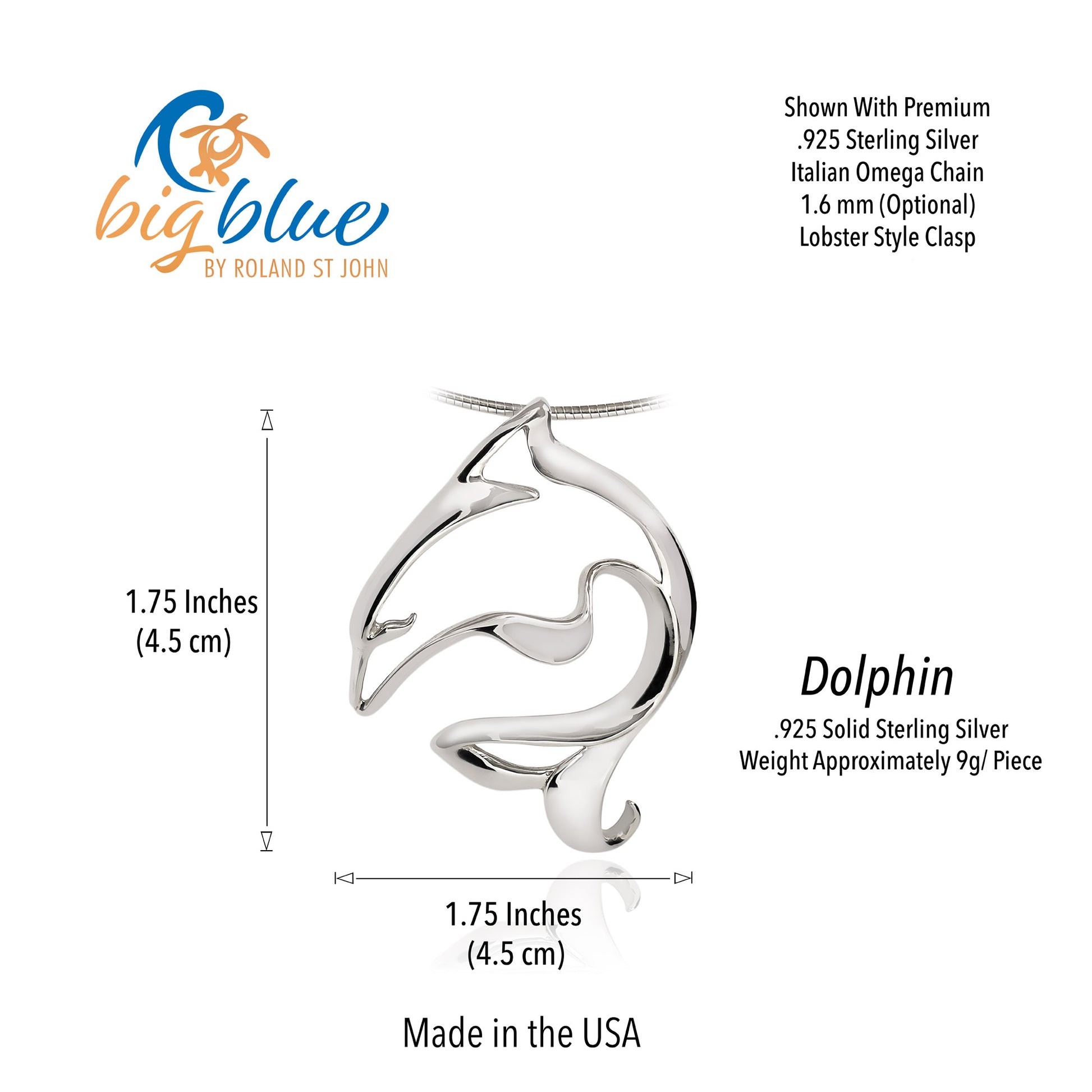 Ocean Theme Seaplicity Dolphin Sea Life Solid Sterling Silver Pendant - Big Blue