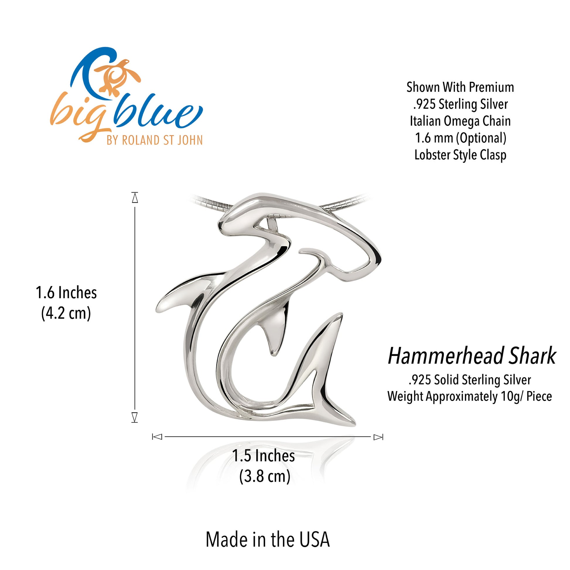 Hammerhead Shark Sterling Silver Pendant Necklace- Ocean Theme Jewelry,  Gifts for Shark Lovers, Modern Shark Pendant, Gifts For Scuba Divers - Big Blue