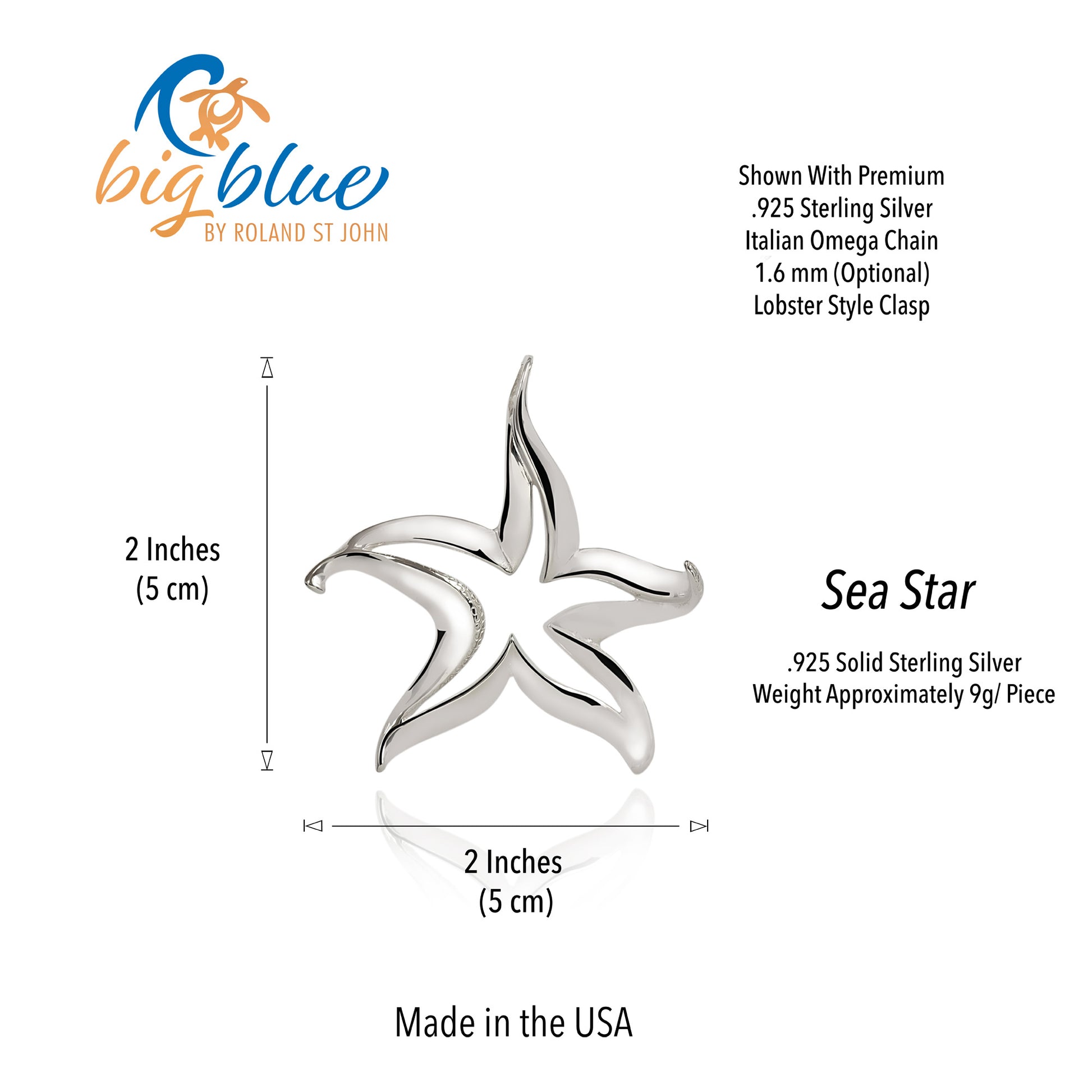 Starfish Necklace Sterling Silver for Women- Seastar Pendants, Starfish Jewelry for Women, Sea Star Jewelry Sterling Silver, Beachy Necklaces - Big Blue