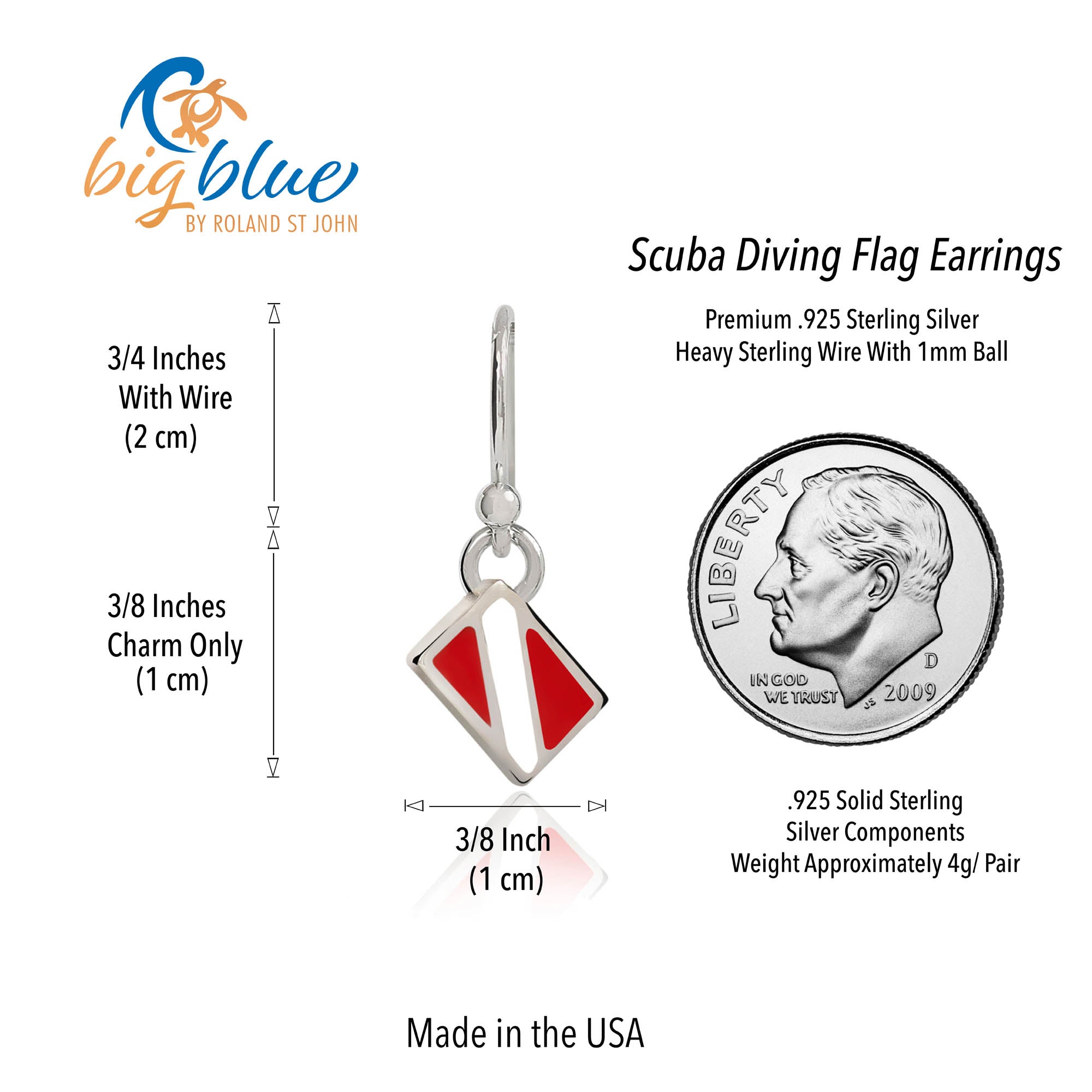 Dive Flag Earrings for Women Sterling Silver Scuba Diving Gifts for W Big Blue by Roland St John