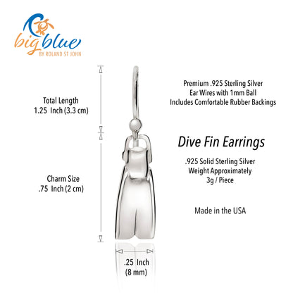 Dive Fin Earrings for Women Sterling Silver- Scuba Diving Gifts for Women, Scuba Diving Earrings, Dive Fin Charm Earrings, Gifts for Scuba Divers - Big Blue