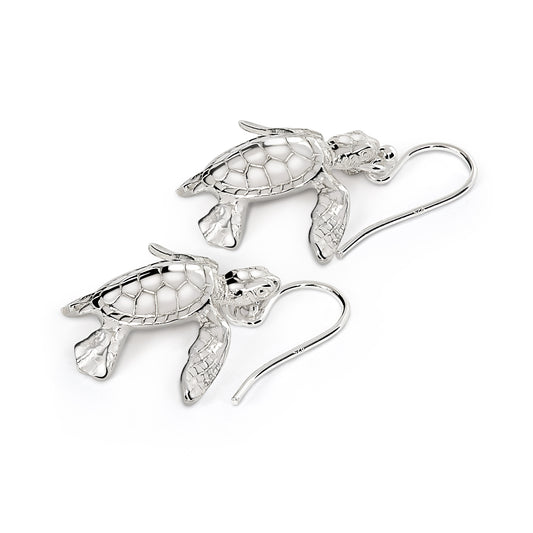 Ocean Theme Baby Sea Turtle Hatchling Sea Life Sterling Silver Drop Earrings - Big Blue