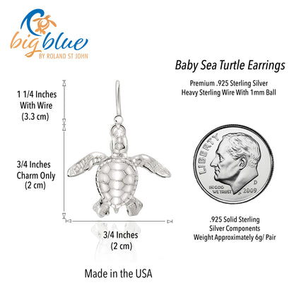 Turtle Earrings Sterling Silver- Sea Turtle Drop Earrings, Sea Turtle Gift for Women, Sterling Silver Sea Turtle Charm Earrings, Gifts for Turtle Lovers - Big Blue