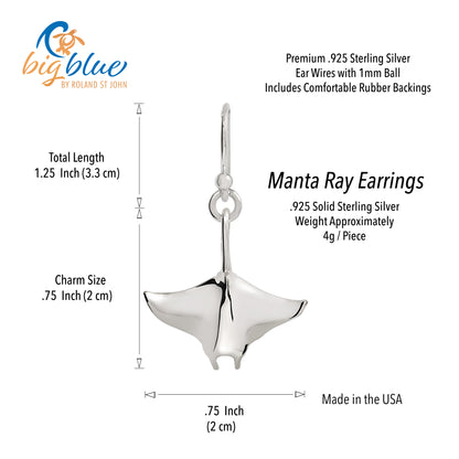 Stingray Earrings for Women Sterling Silver- Manta Ray Sterling Silver Drop Earrings, Manta Ray Earrings for Women, Stingray Charms, Sea Life Sterling Silver Drop Earrings - Big Blue