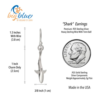 Shark Earrings for Women Sterling Silver- Shark Drop Earrings, Sterling Silver Shark Dangle Earrings, Gifts for Shark Lovers, Shark Charm Earrings - Big Blue