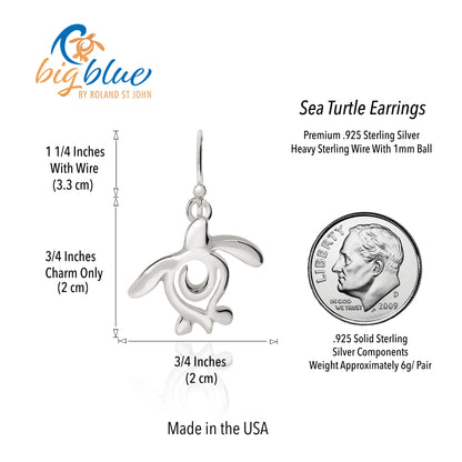 Sea Turtle Earrings Sterling Silver- Turtle Gifts for Women, Honu Turtle Drop Earrings Ocean Theme Gifts for Turtle Lovers, Sea Life Jewelry - Big Blue