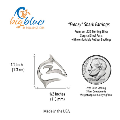 Shark Earrings Sterling Silver- Shark Post Earrings, Sterling Silver Shark Stud Earrings, Gifts for Shark Lovers, Shark Charm Earrings - Big Blue