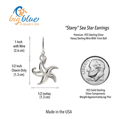 Starfish Drop Earrings Sterling Silver- Small Sea Star Earrings, Small Starfish Dangle Earring Charms, Sea Star Jewelry Sterling Silver - Big Blue