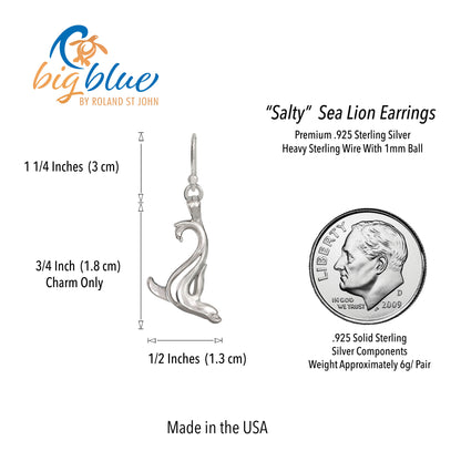 Sea Lion Earrings Sterling Silver- Sea Lion Drop Earrings for Girls, Sea Lion Dangle Earrings Sterling Silver, Beachy Earrings - Big Blue