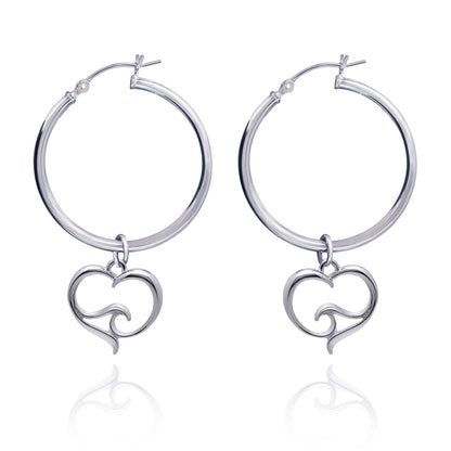 Ocean Wave Heart Hoop Earrings Sterling Silver, Sterling Silver Wave Charm Earrings, Heart Hoop Dangle Earrings with Ocean Wave Sterling - Big Blue