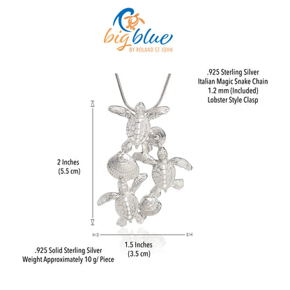 Ocean in Motion Baby Sea Turtles Solid Sterling Silver Sea Life Pendant Necklace - Big Blue